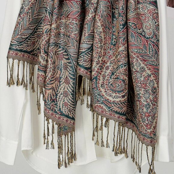 Dark Green & Beige Reversible Warm Scarf Shawl , Holiday Winter Gift Idea - Picture 4 of 5